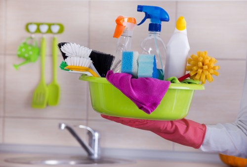 Home cleaning tools arranged for domestic cleaning