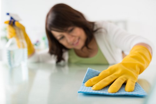 Professional cleaning routine in a modern bedroom