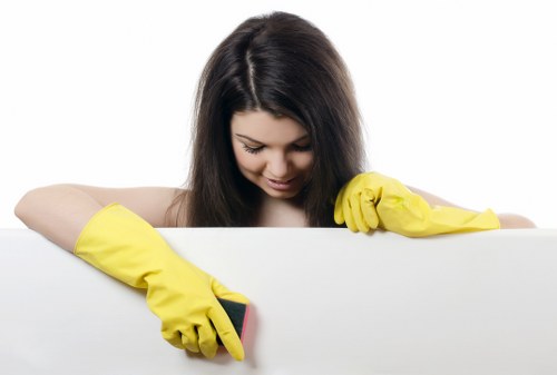Professional office cleaning supplies arranged for workplace sanitation