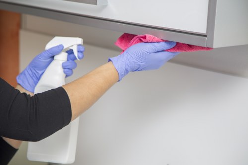 Cleaner dusting desks and surfaces in a corporate office
